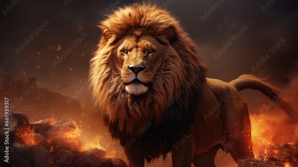 Naklejka premium Big male lion in the fire