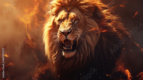 Big male lion with a huge mane on the background of fire