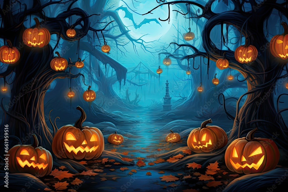 halloween background with glowing pumpkins and lights Generative AI