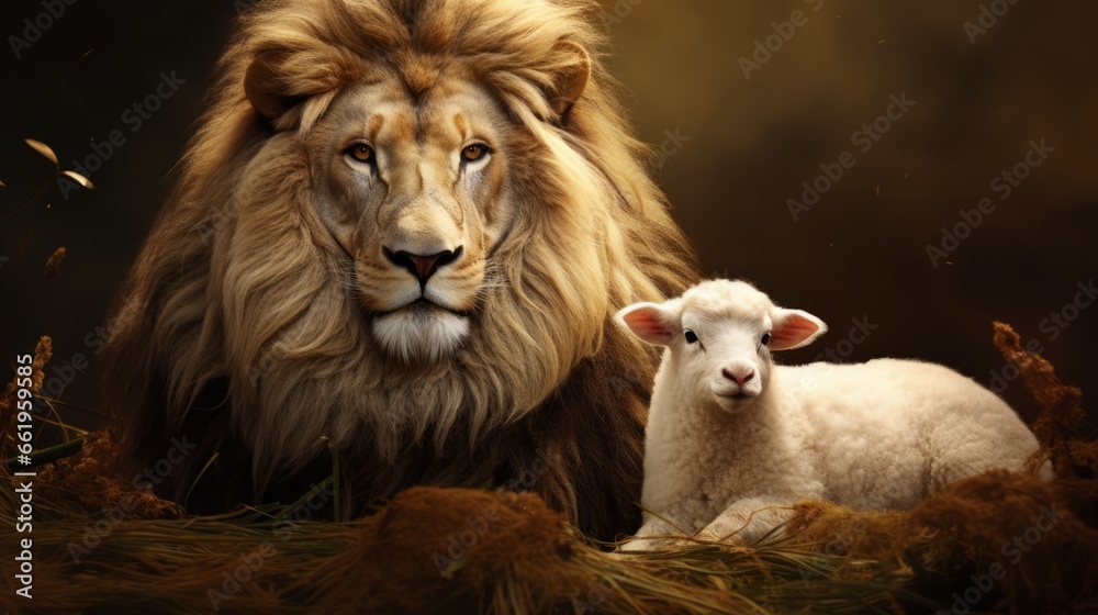 Lion and lamb on a dark background. Animal portrait. Vintage style. Lion and lamb on a dark background. Animal portrait. Vintage style.