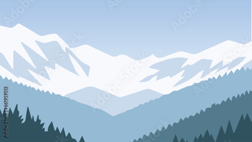 Winter mountain and trees landscapes background flat vector illustration