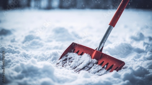 Snow shovel in the snow. Winter background with snowdrift