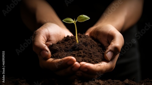 Close up of woman hands holding green seedling growing in fertile soil photo