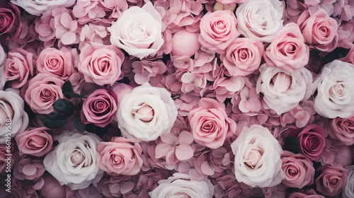 Beautiful pink roses flower top view background. AI generated image