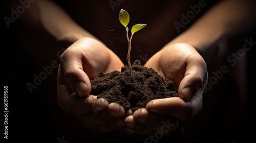 Closeup of human hands holding green sprout with soil on dark background