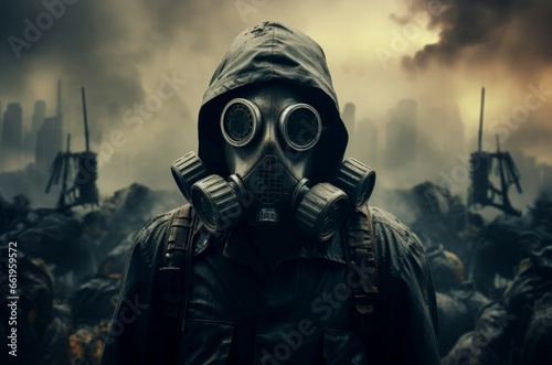 Protective Man gas mask. War nuclear smoke. Generate Ai