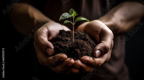 Close up of man hands holding young green plant with soil on black background
