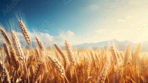 Beautiful golden wheat field and blue sky with clouds. Nature background