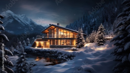 a snow-covered view of a high-end private villa © arthyeon
