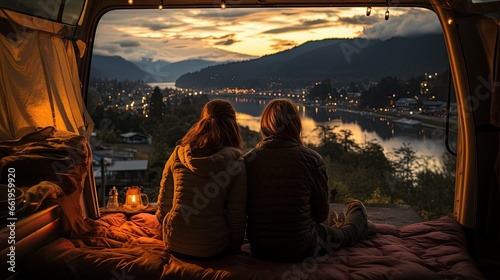inside of camper van with young couple sitting and taking a view on mattress © Bee Photograpy