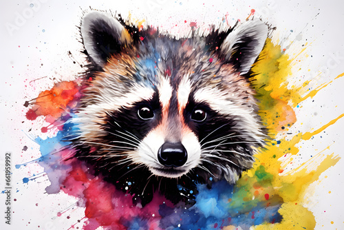 Modern colorful watercolor painting of a raccoon, textured white paper background, vibrant paint splashes. Created with generative AI