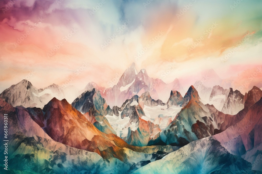 A mesmerizing watercolor view of a mountain range protected by the ozone layer. Generative AI - obrazy, fototapety, plakaty 