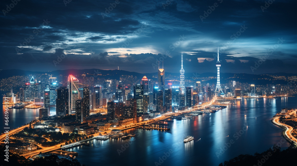 Glowing Cityscape: A stunning photograph of a cityscape at night, where the urban lights create a mesmerizing glow.