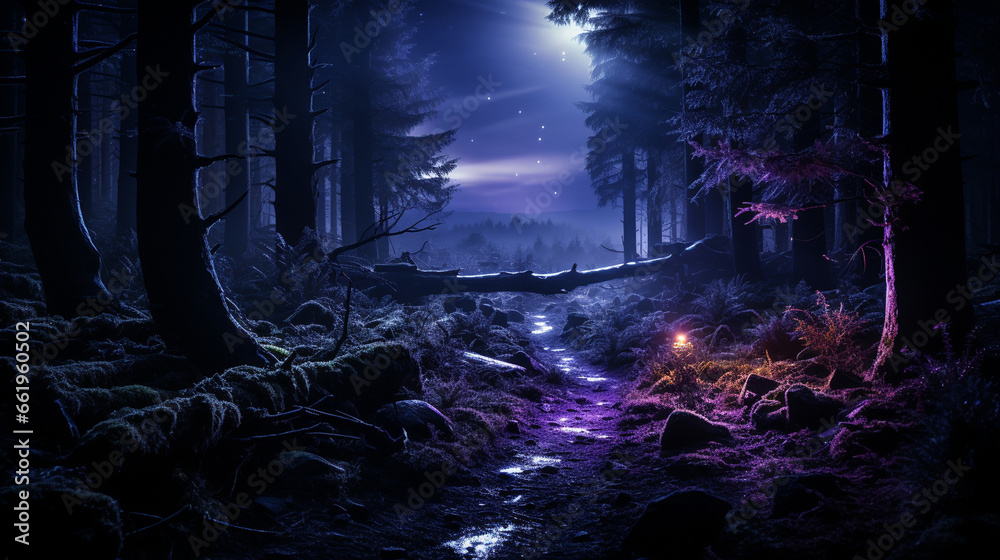 Mysterious Forest: An enchanting forest at night, with eerie yet fascinating natural night light filtering through the trees.