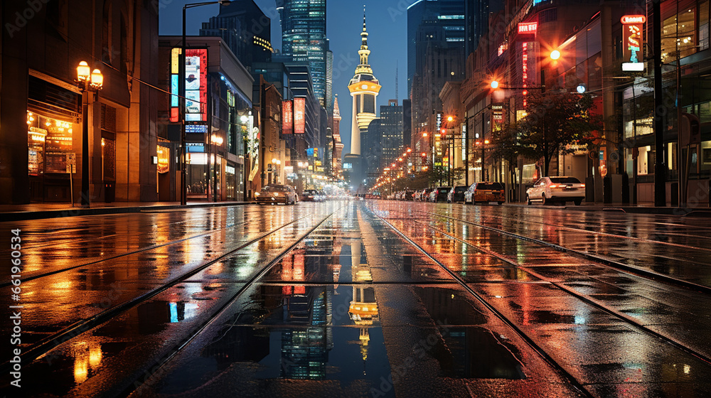 Urban Rainfall: A cityscape during a rainstorm at night, with shimmering reflections on wet streets and glowing traffic lights.