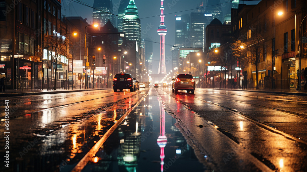 Urban Rainfall: A cityscape during a rainstorm at night, with shimmering reflections on wet streets and glowing traffic lights.