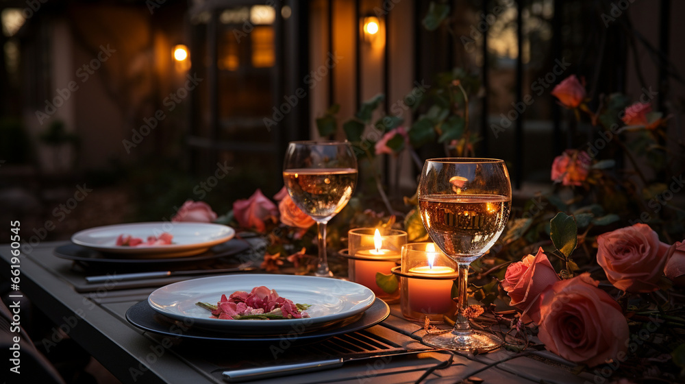 Candlelit Dinner: An elegant table setting with candles, creating a romantic ambiance under a starry night sky.