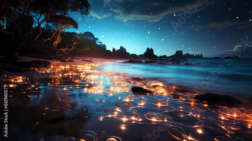 Bioluminescent Beach  A surreal beach scene featuring bioluminescent organisms  turning the waves into a glowing spectacle at night.