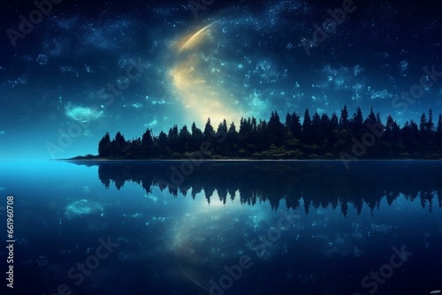 Reflection of a blue moon on a lake at night in a digital artwork. Generative AI
