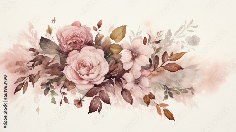 Design a watercolor composition with a vintage twist, incorporating faded sepia tones and dusty rose accents.