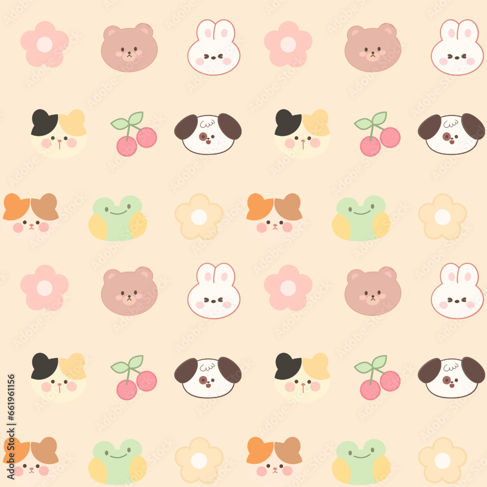 Cute Seamless pattern kawaii sweet animals cartoon character bear's cherry Cute Seamless pattern kawaii sweet animals cartoon character bear's cherry