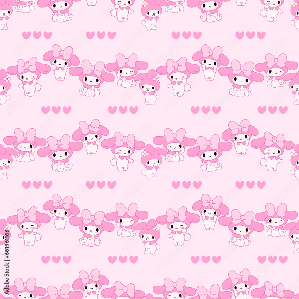 Cute Seamless pattern kawaii sweet animals cartoon character bunny pink background and hearts melody Cute Seamless pattern kawaii sweet animals cartoon character bunny pink background and hearts melody