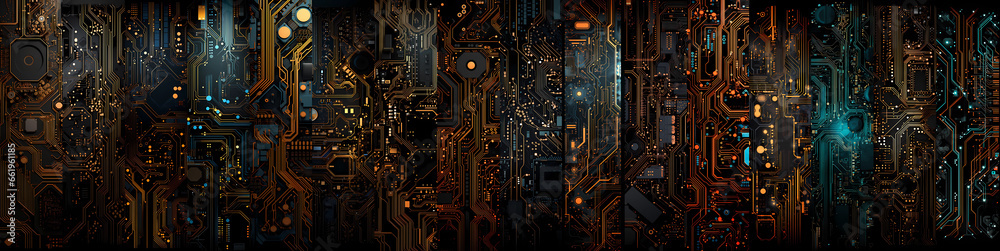 An ultra-wide collage of intricate circuit board elements, where microchips, capacitors, resistors, and conductive pathways converge in a mesmerizing digital mosaic