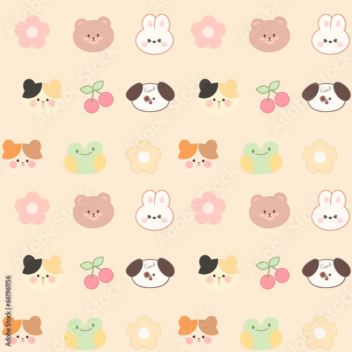Cute Seamless pattern kawaii sweet animals cartoon character bear's cherry 