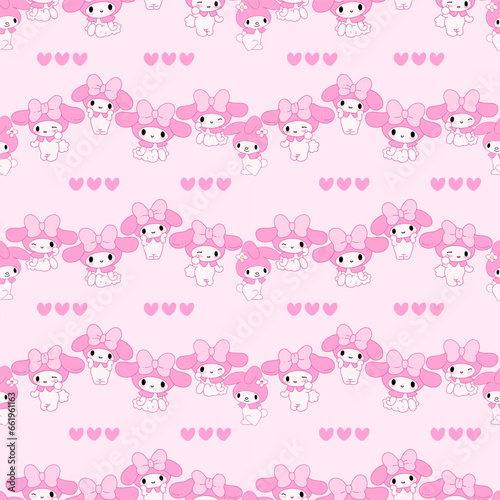 Cute Seamless pattern kawaii sweet animals cartoon character bunny pink background and hearts melody 