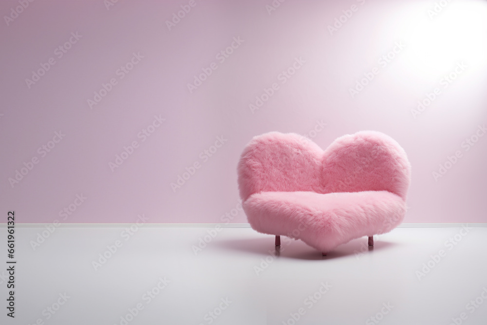 Pink fluffy huge sofa in the shape of a chubby heart, side elevation view, on empty white room.