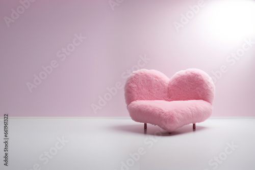 Pink fluffy huge sofa in the shape of a chubby heart  side elevation view  on empty white room.