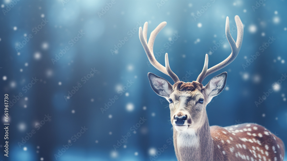 Background of a deer in christmas concept in beautiful winter environment. Deer highlighted amid snow and bluish tones with Christmas bokeh effect. Background of a deer in christmas concept in beautiful winter environment. Deer highlighted amid snow and bluish tones with Christmas bokeh effect.