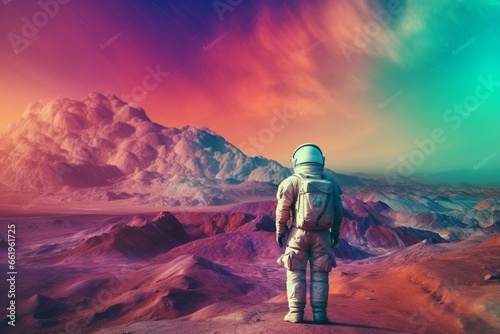 Astronaut exploring colorful space on a distant planet. Generative AI