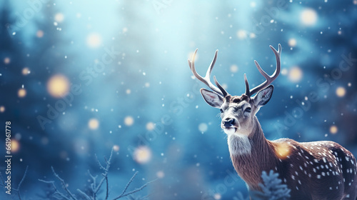 Background of a deer in christmas concept in beautiful winter environment. Deer highlighted amid snow and bluish tones with Christmas bokeh effect.