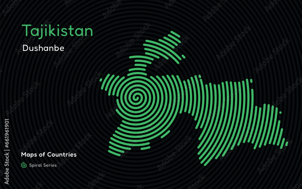 Naklejka premium Isolated abstract spiral vector hatched map of Tajikistan on a black background, identifying its capital city, Dushanbe. Spiral fingerprint series 