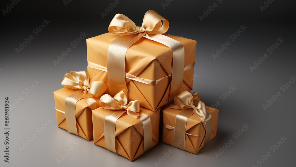Schöne Weihnachtsgeschenke Box in Gold Nahaufnahme in Querformat für Banner, ai generativ Schöne Weihnachtsgeschenke Box in Gold Nahaufnahme in Querformat für Banner, ai generativ