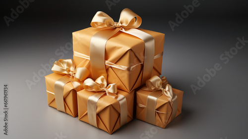 Schöne Weihnachtsgeschenke Box in Gold Nahaufnahme in Querformat für Banner, ai generativ