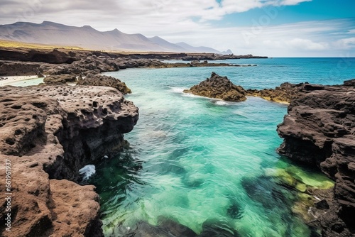 A scenic view of El Lago Verde in Lanzarote, featuring a green lagoon, towering cliffs, volcanoes, the blue Atlantic Ocean, crashing waves, and a black sand beach. Generative AI
