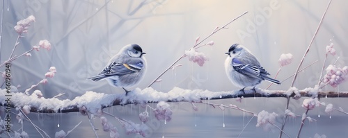 small blue bird on a branch in a snow covered tree, in the style of photo-realistic landscapes. generative AI