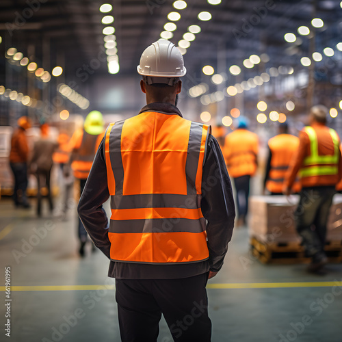 Occupational Health and Safety worker from behind in black reflective vest and helmet standing in production hall with people around in motion blur.