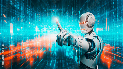 robot humanoid pointing the finger to big data hologram