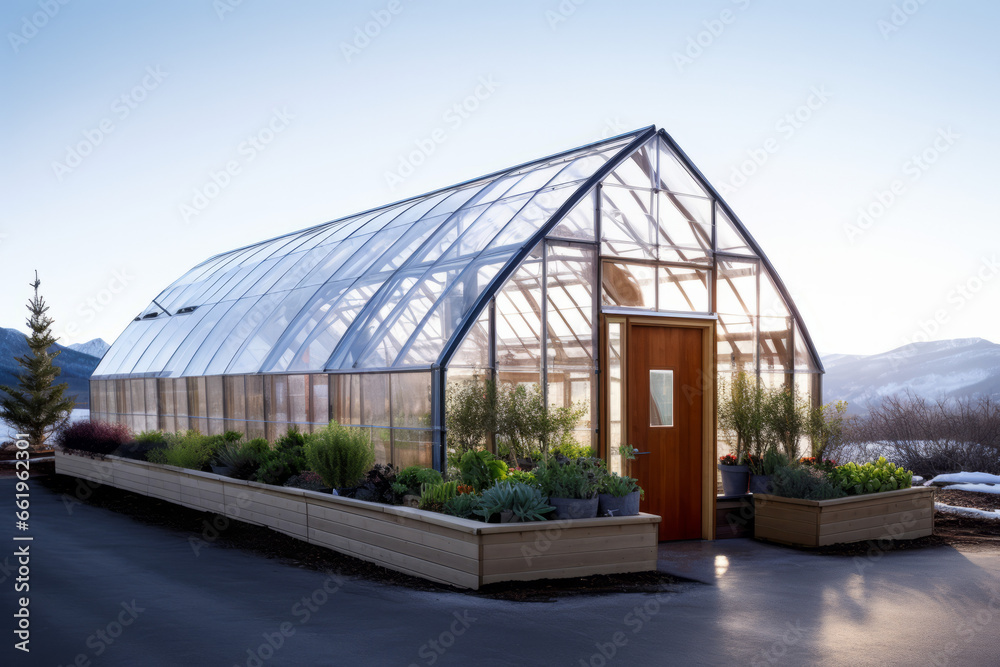 glass, glass greenhouse, greenhouse, plants, spring, comfort, nature, berries, vegetables, household, dacha, vegetable garden, garden, house, village, landscape, cottage, mountain, wooden, old, sky, b
