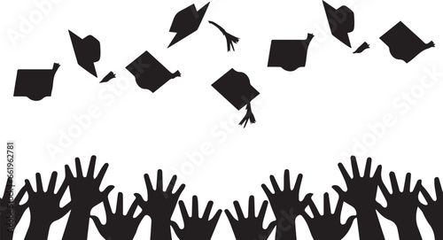 graduation ceremony, graduates, diverse, happy hands with mortarboard, university, academic title