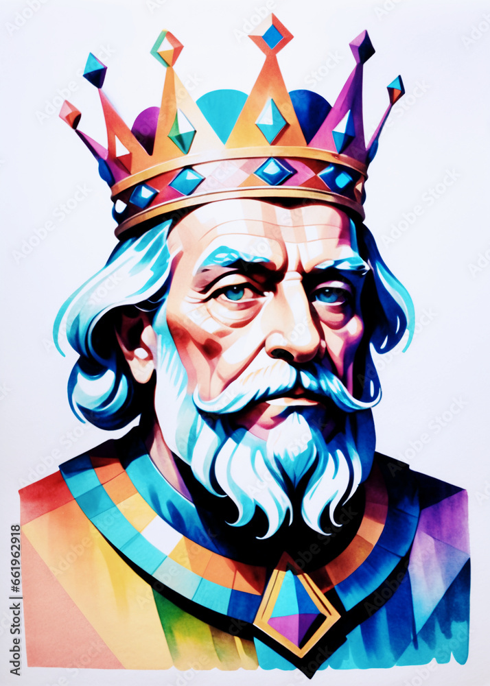 illustrazione ritratto primo piano di volto di anziano regnante con corona sul capo