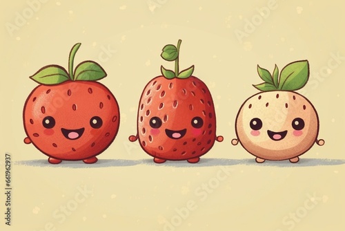 Cute illustration of tiny strawberries. Adorable, cheerful fruits. Generative AI
