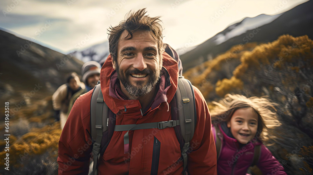 father with his daughters, trekking in the mountains in Bariloche, Argentine Patagonia, traveling through Latin America, family time