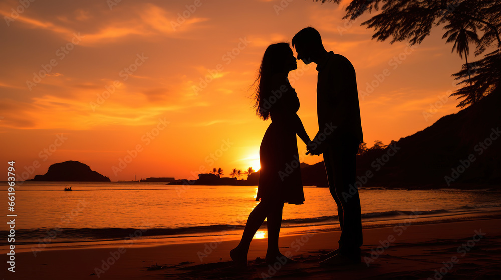 a couple kissing on the beach at sunset,silhouettes, generative ai 