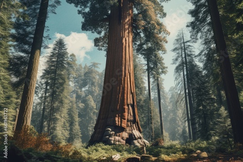 Awe-inspiring Giant sequoia tree. Green forest nature. Generate Ai