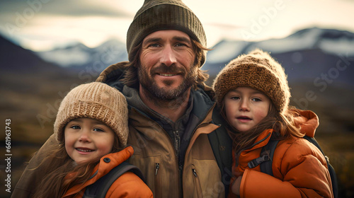 father with his daughters, trekking in the mountains in Bariloche, Argentine Patagonia, traveling through Latin America, family time