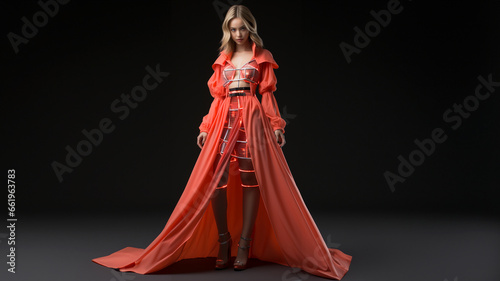 Super Fashion Model Frau in grandioser roter Designer Kleidung am Laufsteg im Querformat als Banner, ai generativ